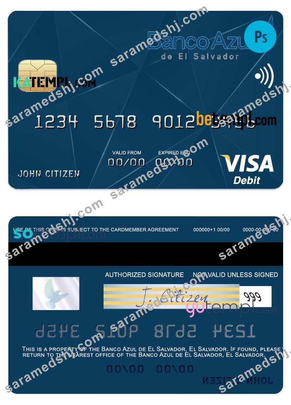 El Salvador Banco Azul de El Salvador visa debit card template in PSD format